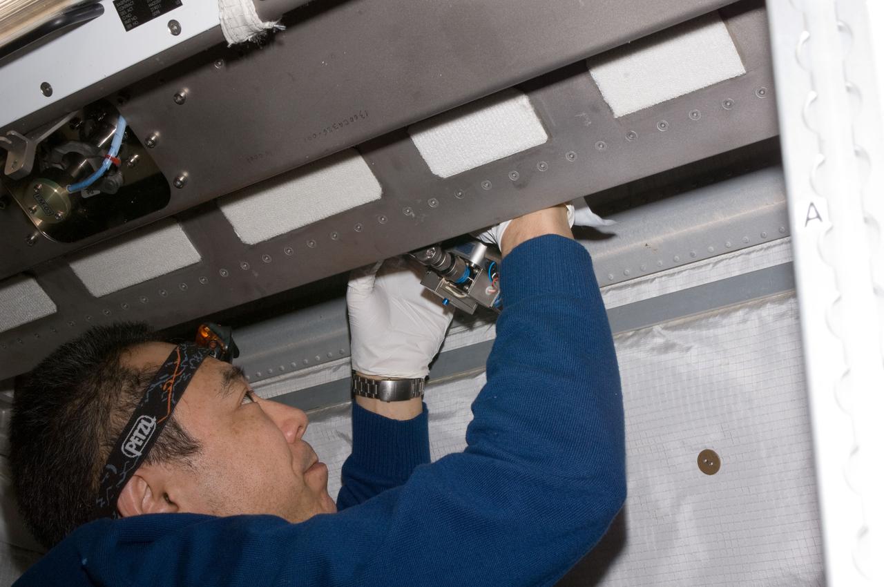 ISS029-E-027341 (14 Oct. 2011) --- In the International Space Station’s Columbus laboratory, Japan Aerospace Exploration Agency astronaut Satoshi Furukawa, Expedition 29 flight engineer, works on Water On/Off Valves (WOOV), performing inspection, cleaning, disinfection and encapsulation on WOOV 3, 4 and 5.