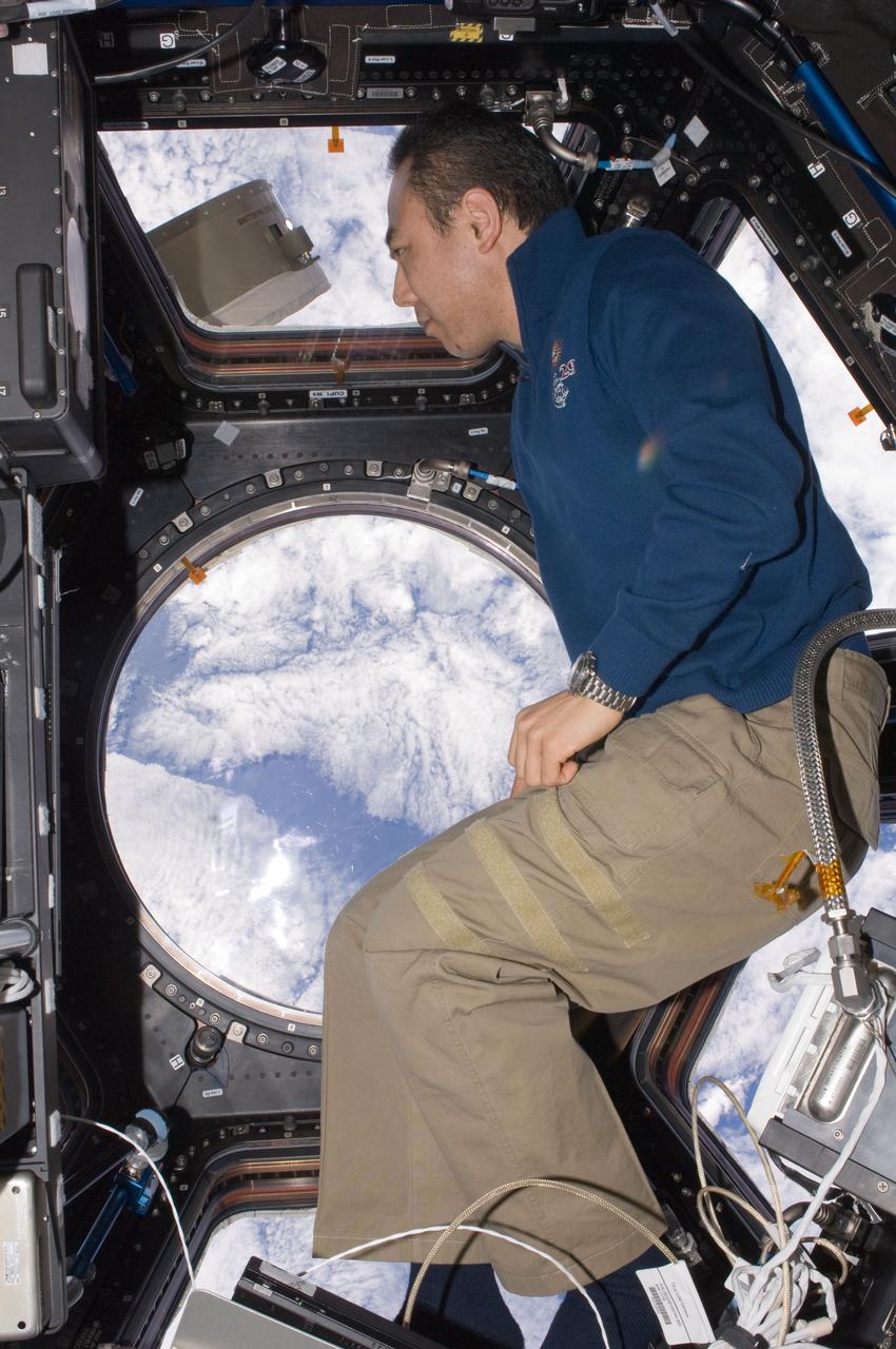 ISS029-E-033680 (30 Oct. 2011) --- Japan Aerospace Exploration Agency astronaut Satoshi Furukawa, Expedition 29 flight engineer, looks through a window in the Cupola of the International Space Station Space Station.