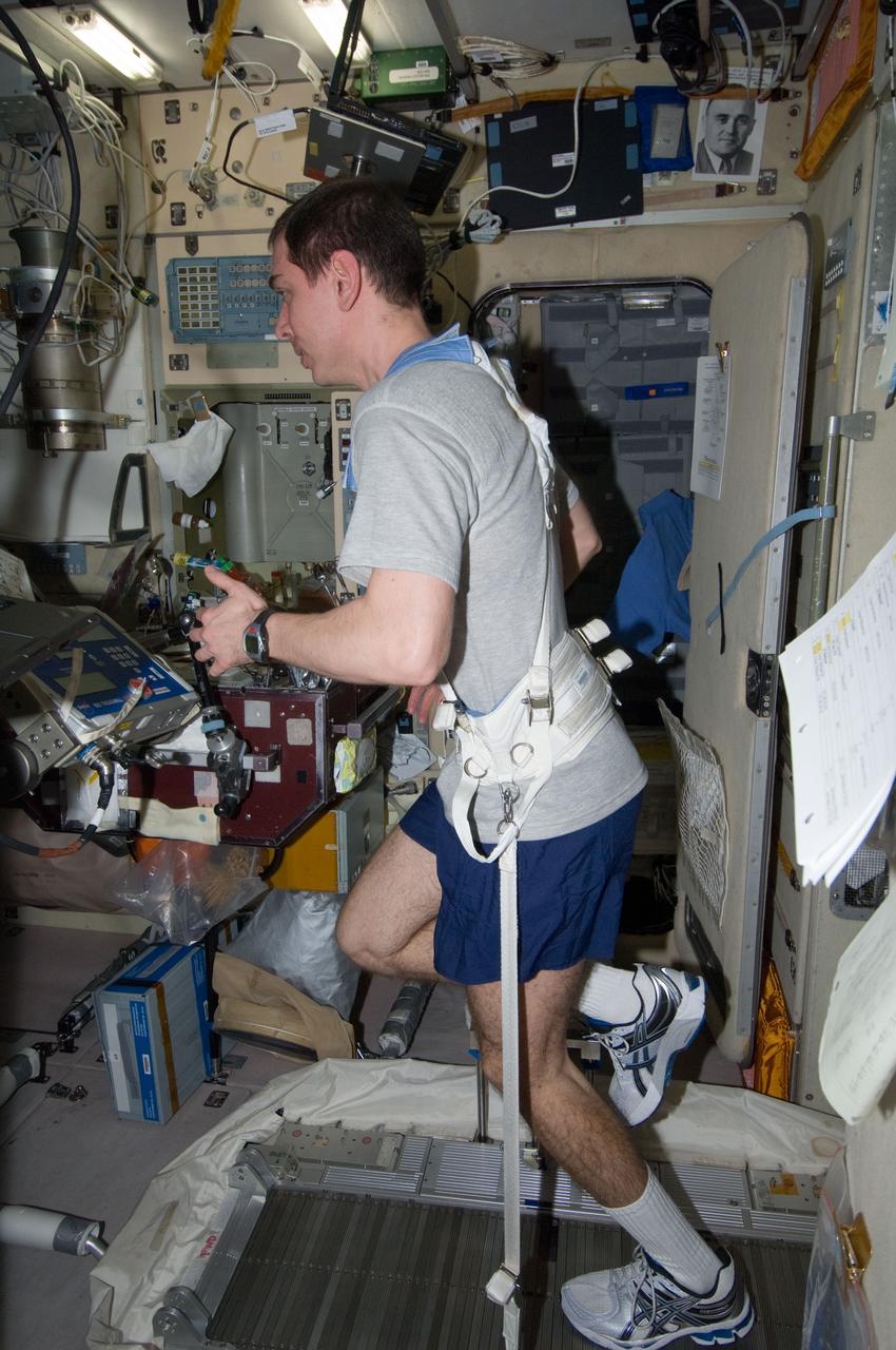 ISS029-E-040702 (8 Nov. 2011) --- Russian cosmonaut Sergei Volkov, Expedition 29 flight engineer, equipped with a bungee harness, exercises on the Treadmill Vibration Isolation System (TVIS) in the Zvezda Service Module of the International Space Station.