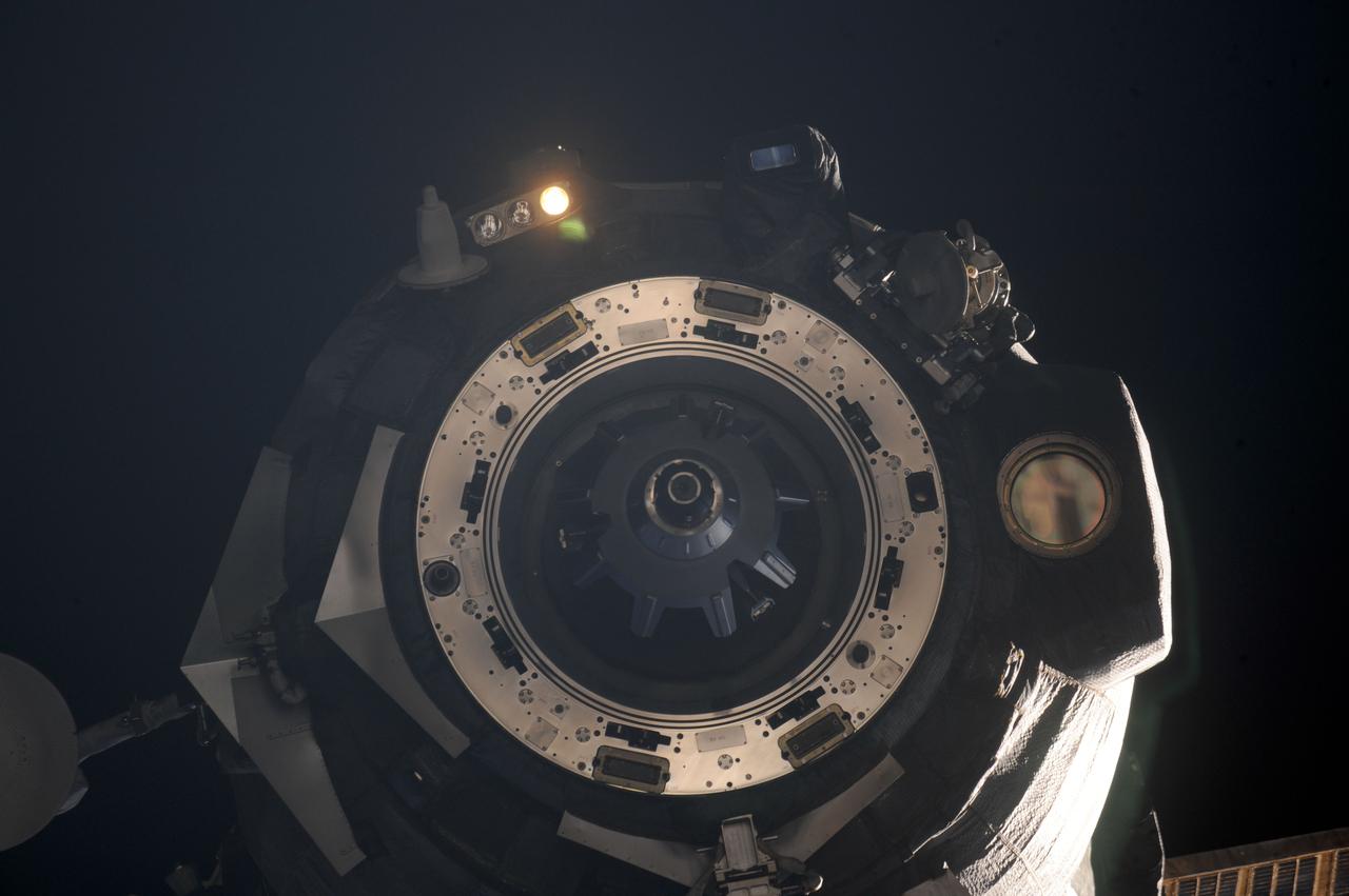 ISS030-E-005002 (21 Nov. 2011) --- The Soyuz TMA-02M spacecraft departs from the International Space Station on Nov. 21, 2011. NASA astronaut Mike Fossum, Expedition 29 commander; Russian cosmonaut Sergei Volkov and Japan Aerospace Exploration Agency astronaut Satoshi Furukawa, both flight engineers, are returning from more than five months aboard the International Space Station where they served as members of the Expedition 28 and 29 crews.