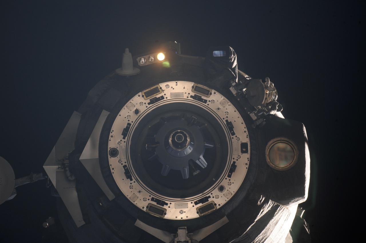 ISS030-E-005005 (21 Nov. 2011) --- The Soyuz TMA-02M spacecraft departs from the International Space Station on Nov. 21, 2011. NASA astronaut Mike Fossum, Expedition 29 commander; Russian cosmonaut Sergei Volkov and Japan Aerospace Exploration Agency astronaut Satoshi Furukawa, both flight engineers, are returning from more than five months aboard the International Space Station where they served as members of the Expedition 28 and 29 crews.