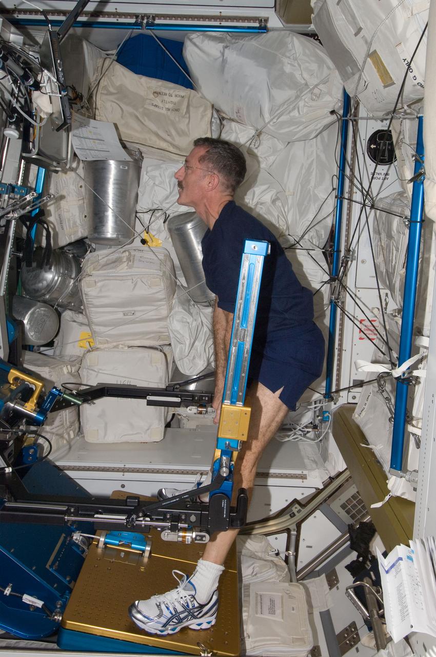 ISS030-E-012664 (18 Dec. 2011) --- NASA astronaut Dan Burbank, Expedition 30 commander, exercises using the advanced Resistive Exercise Device (aRED) in the Tranquility node of the International Space Station.