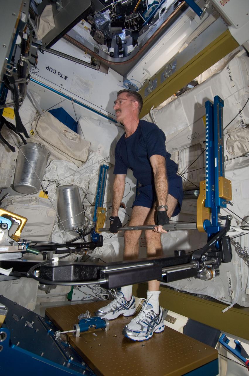 ISS030-E-012688 (18 Dec. 2011) --- NASA astronaut Dan Burbank, Expedition 30 commander, exercises using the advanced Resistive Exercise Device (aRED) in the Tranquility node of the International Space Station.
