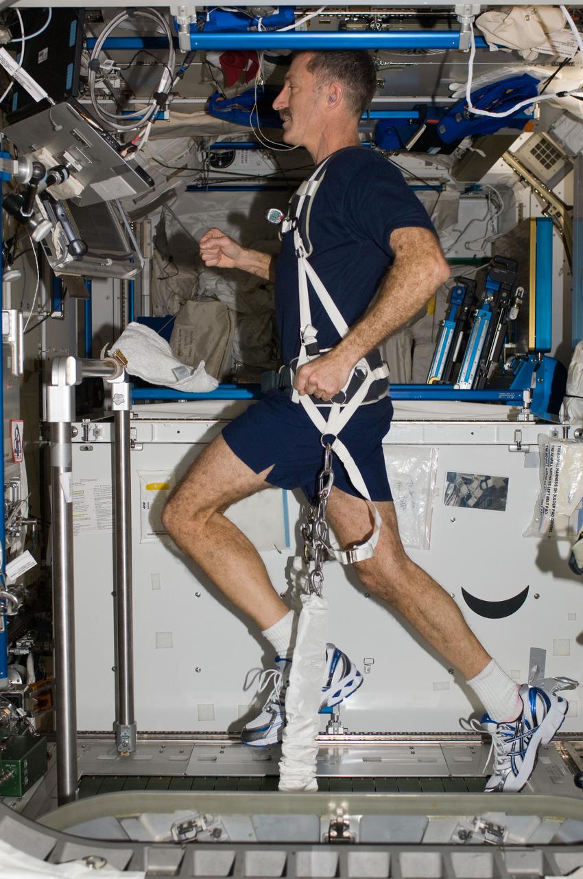 ISS030-E-015652 (24 Dec. 2011) --- Expedition 30 Commander Dan Burbank works out on the Combined Operational Load Bearing External Resistance Treadmill (COLBERT) in  Node 3 (Tranquility module) onboard the Earth orbiting International Space Station.