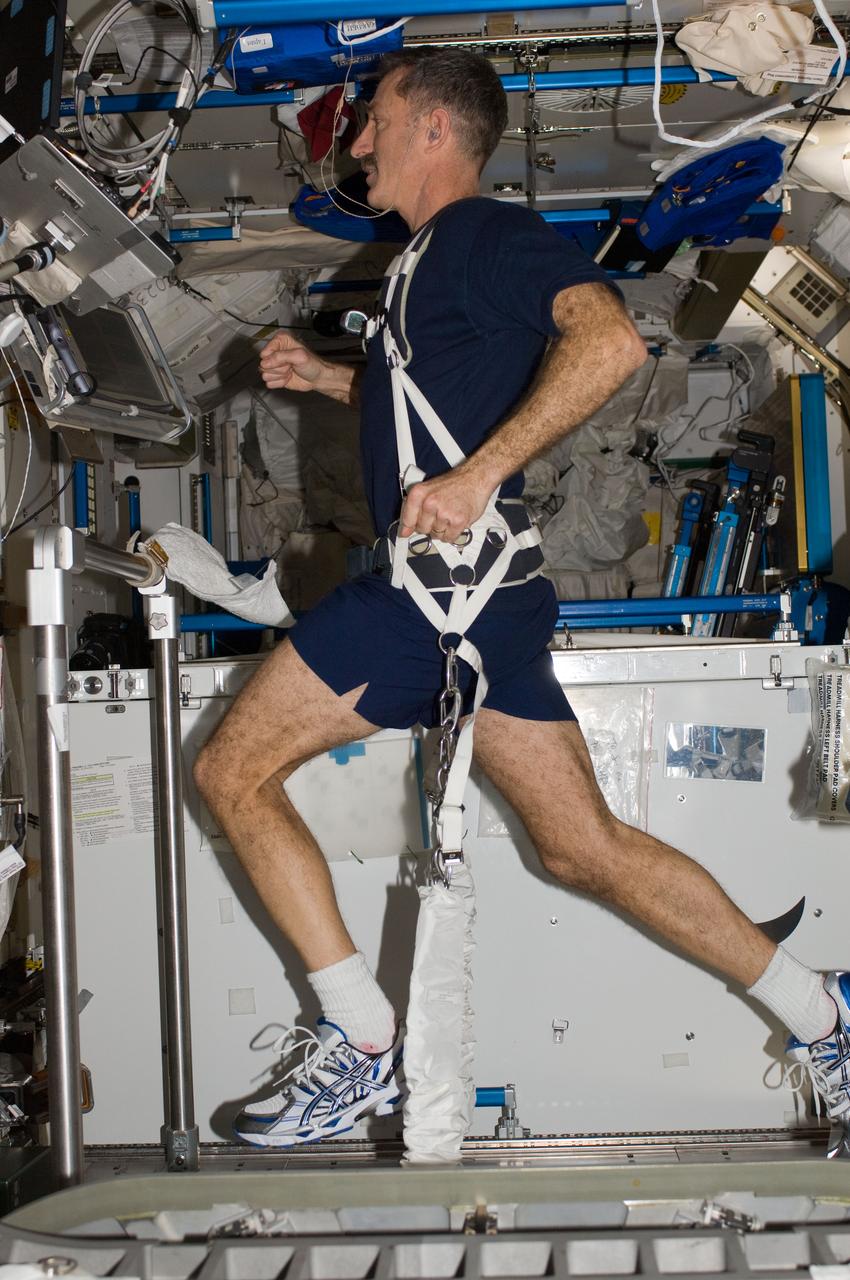 ISS030-E-015654 (24 Dec. 2011) --- Expedition 30 Commander Dan Burbank works out on the Combined Operational Load Bearing External Resistance Treadmill (COLBERT) in  Node 3 (Tranquility module) onboard the Earth orbiting International Space Station.