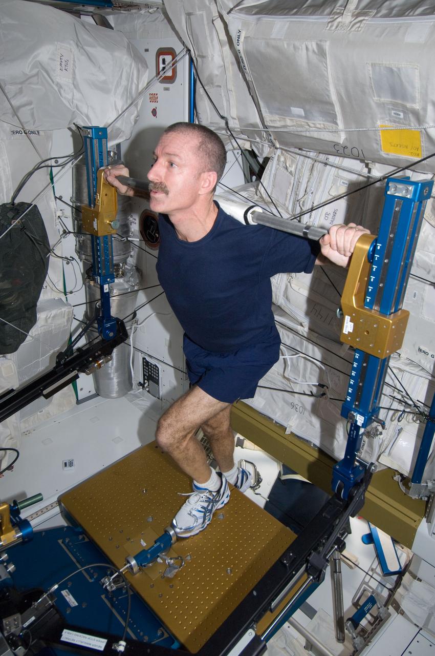 ISS030-E-032991 (9 Jan. 2012) --- NASA astronaut Dan Burbank, Expedition 30 flight commander, exercises, using the advanced Resistive Exercise Device (aRED) in the Tranquility node of the International Space Station.