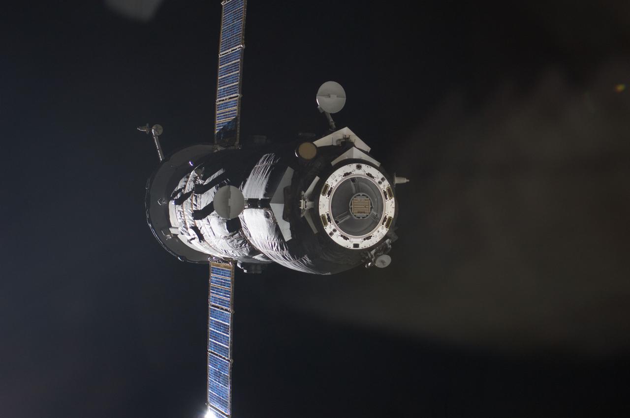 ISS030-E-050744 (23 Jan. 2012) --- The unpiloted ISS Progress 45 supply vehicle departs from the International Space Station at 5:10 p.m. (EST) on Jan. 23, 2012. Filled with trash and discarded items, Progress 45 was later deorbited, subsequently burning up in Earth's atmosphere. The departure of Progress 45 clears the way for the next unpiloted supply ship, Progress 46, which is set to launch at 6:06 p.m. (EST) on Jan. 25 (5:06 a.m. Baikonur time Jan. 26) from the Baikonur Cosmodrome in Kazakhstan bringing 2.9 tons of food, fuel and supplies for the residents of the space station.