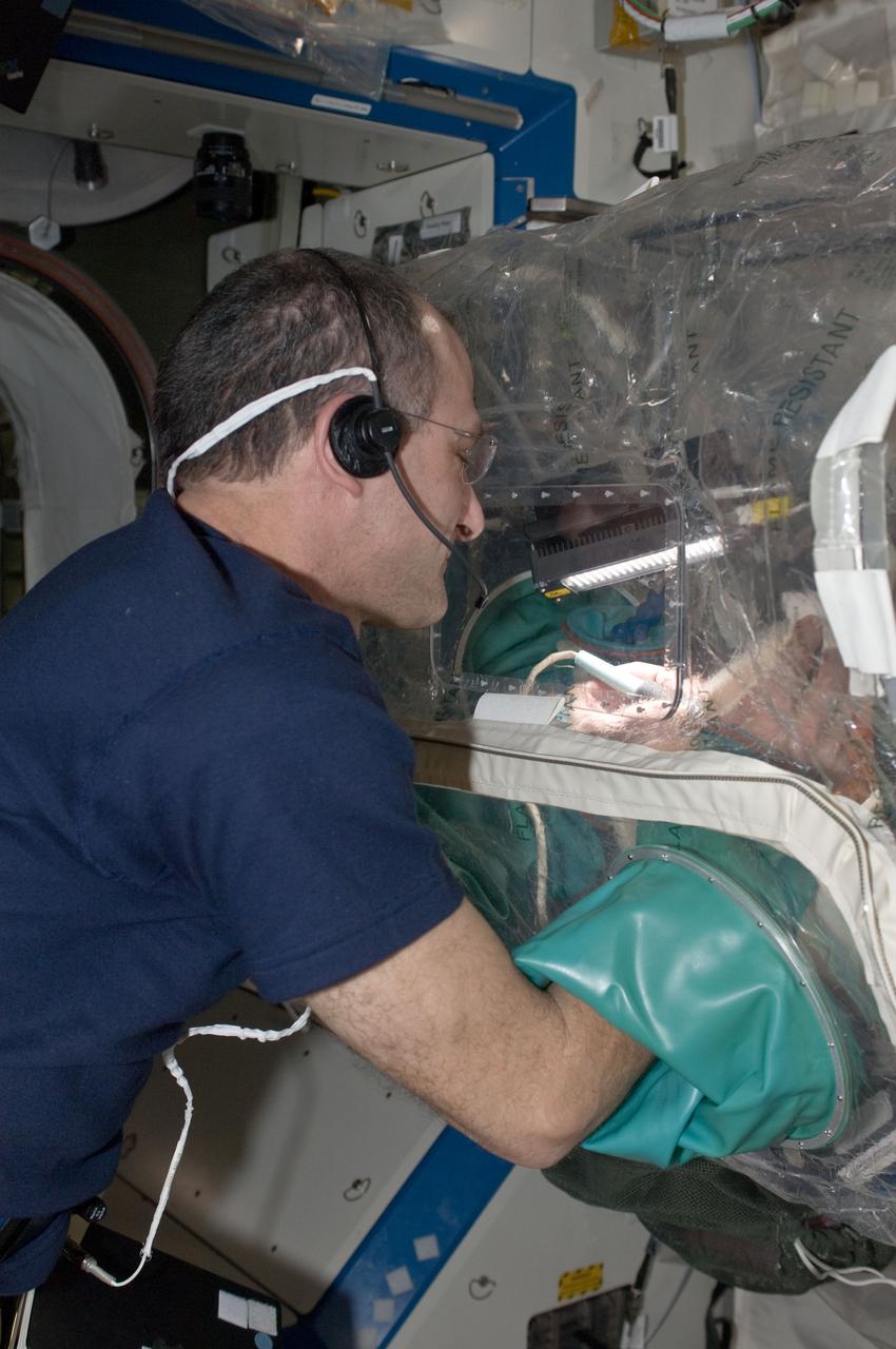 ISS030-E-051108 (27 Jan. 2012) --- NASA astronaut Don Pettit, Expedition 30 flight engineer, works on a Synchronized Position Hold, Engage, Reorient, Experimental Satellite (SPHERES) in a portable glovebox facility in the Destiny laboratory of the International Space Station.