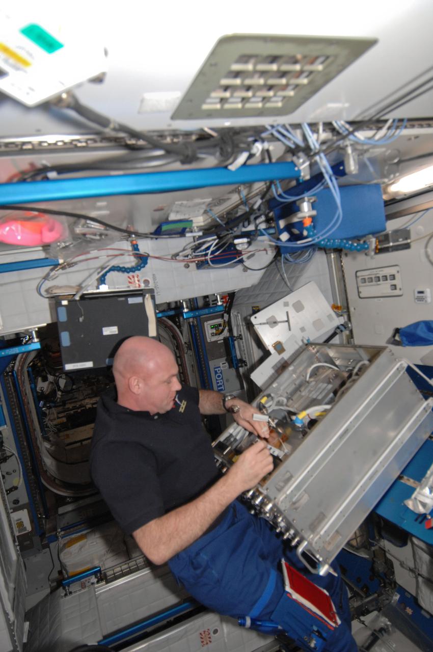 ISS030-E-117367 (31 Jan. 2012) --- European Space Agency astronaut Andre Kuipers, Expedition 30 flight engineer, removes and replaces the Photoacoustic Analyzer Module (PAM) Orbit Replaceable Unit (ORU) of the Pulmonary Function System (PFS) in the Harmony node of the International Space Station.
