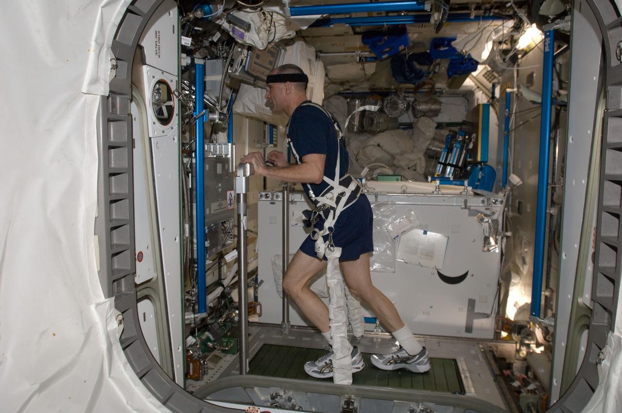 ISS030-E-132530 (6 March 2012) --- NASA astronaut Don Pettit, Expedition 30 flight engineer, equipped with a bungee harness, exercises on the Combined Operational Load Bearing External Resistance Treadmill (COLBERT) in the Tranquility node of the International Space Station.