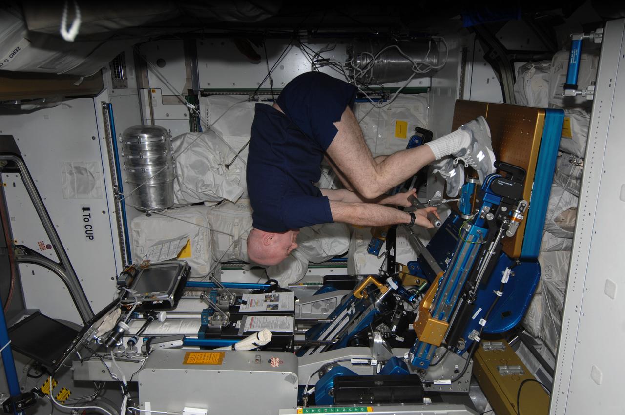 ISS030-E-148403 (22 Jan. 2012) --- European Space Agency astronaut Andre Kuipers, Expedition 30 flight engineer, exercises in the Tranquility node of the International Space Station, using the advanced Resistive Exercise Device (aRED).