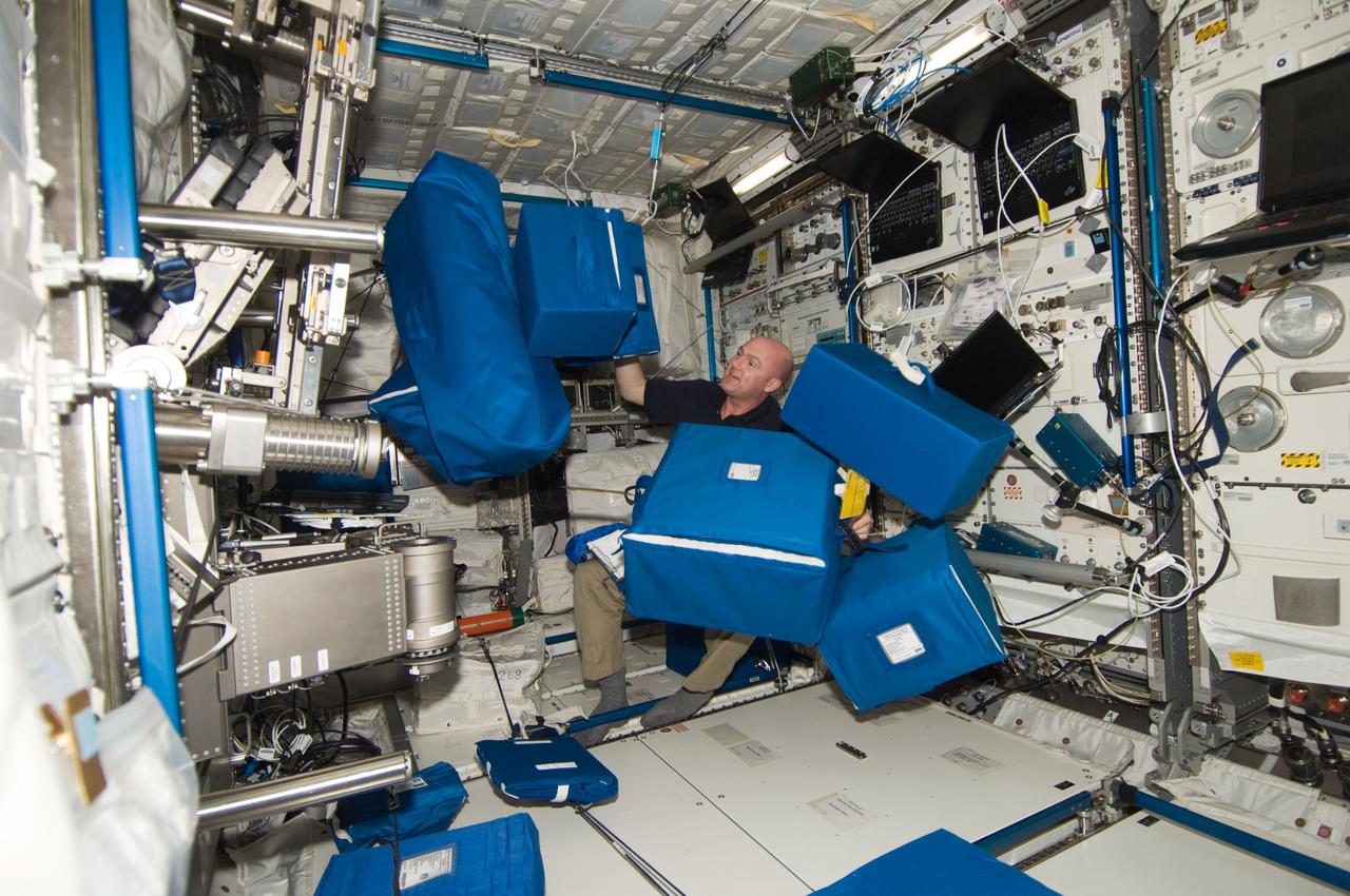 ISS030-E-155920 (16 Jan. 2012) --- European Space Agency astronaut Andre Kuipers, Expedition 30 flight engineer, works with various stowage containers in the Columbus laboratory of the International Space Station.