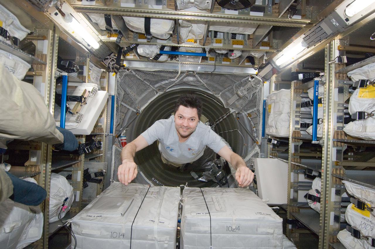 ISS030-E-210850 (6 April 2012) --- Russian cosmonaut Oleg Kononenko, Expedition 30 flight engineer, floats freely in the Automated Transfer Vehicle (ATV-3) currently docked with the International Space Station.