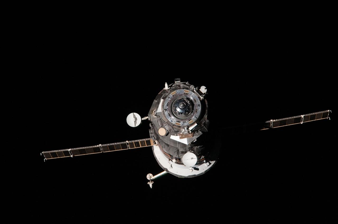 ISS030-E-238835 (19 April 2012) --- The trash-filled ISS Progress 46 spacecraft departs from the International Space Station on April 19, 2012. Russian flight controllers will command the Progress 46 for several days of tests, and then send it to burn up in Earth’s atmosphere over the Pacific Ocean.