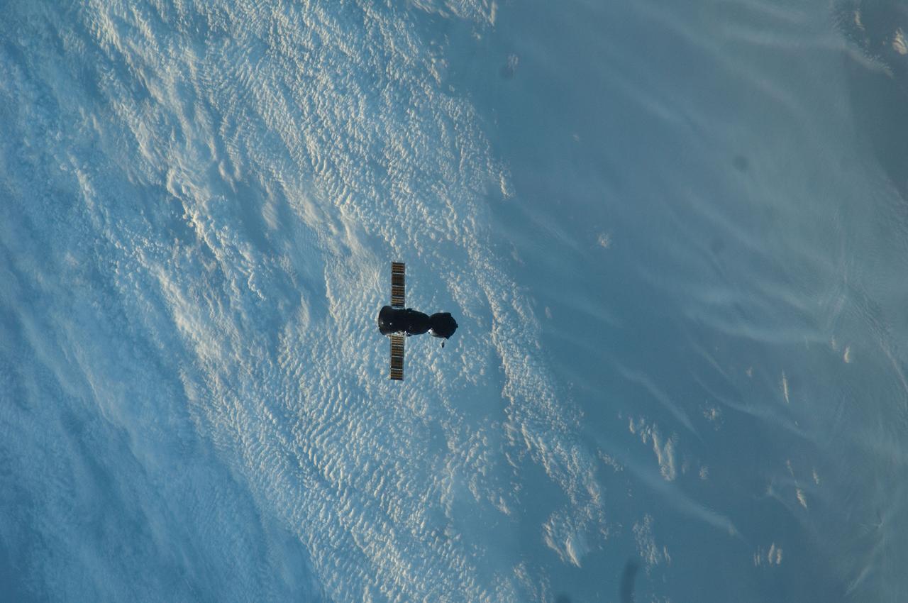 ISS031-E-005014 (27 April 2012) --- The Soyuz TMA-22 spacecraft departs from the International Space Station and heads toward a landing in a remote area outside of the town of Arkalyk, Kazakhstan, on April 27, 2012. NASA astronaut Dan Burbank, Expedition 30 commander; along with Russian cosmonauts Anton Shkaplerov, Soyuz commander, and Anatoly Ivanishin, flight engineer, are returning from more than five months onboard the International Space Station where they served as members of the Expedition 29 and 30 crews.