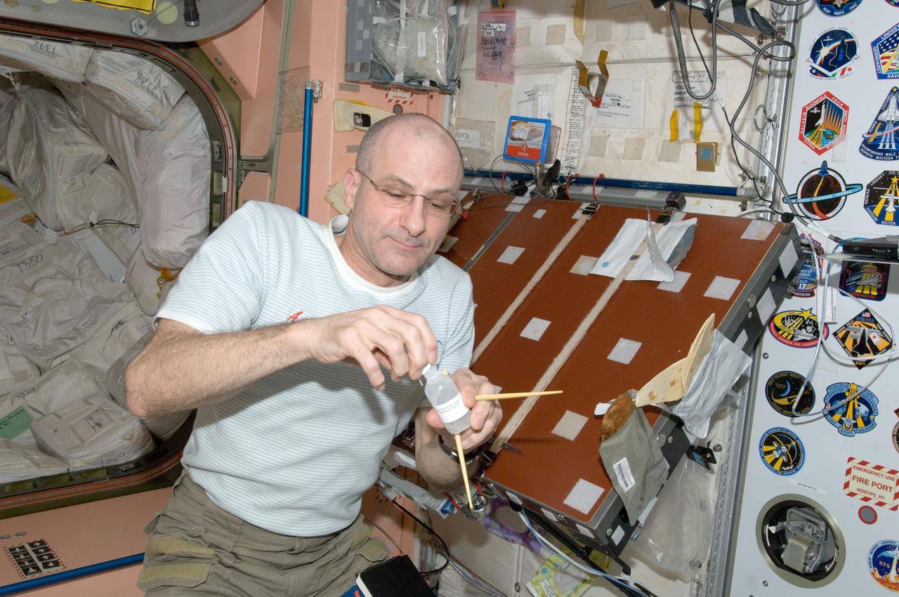 ISS031-E-012199 (5 May 2012) --- NASA astronaut Don Pettit, Expedition 31 flight engineer, holds a liquid salt dispenser and chop sticks near the galley in the Unity node of the International Space Station.