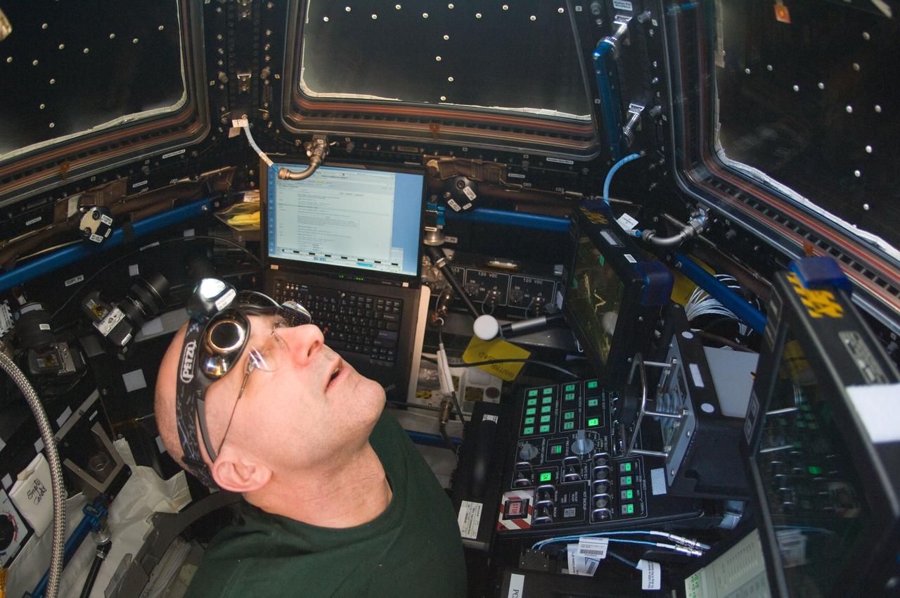 ISS031-E-069284 (24 May 2012) --- NASA astronaut Don Pettit, Expedition 31 flight engineer, looks out one of Cupola windows on the International Space Station while the crew members were preparing for May 25's grapple and berthing of the SpaceX Dragon spacecraft.