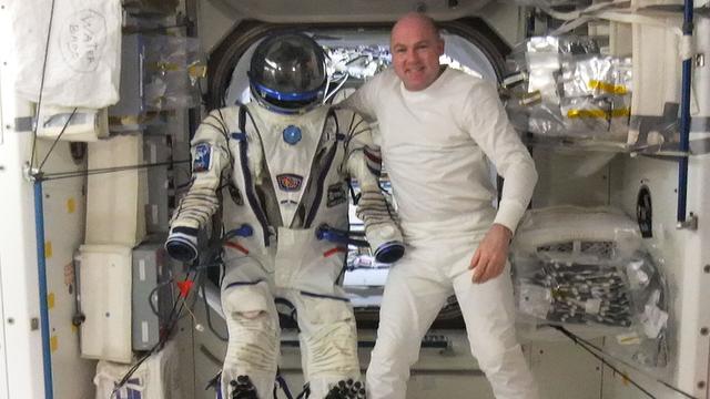ISS031-E-157888 (19 June 2012) --- European Space Agency astronaut Andre Kuipers, Expedition 31 flight engineer, poses for a photo with his Russian Sokol launch and entry suit as he prepares for his departure from the International Space Station on July 1, 2012.