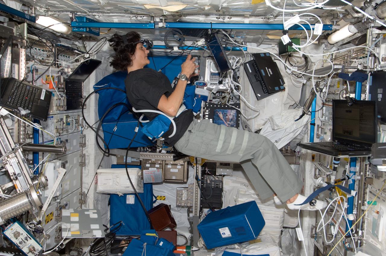 ISS032-E-008594 (19 July 2012) --- NASA astronaut Sunita Williams, Expedition 32 flight engineer, works on the Reversible Figures (RFx) experiment in the Columbus laboratory of the International Space Station.
