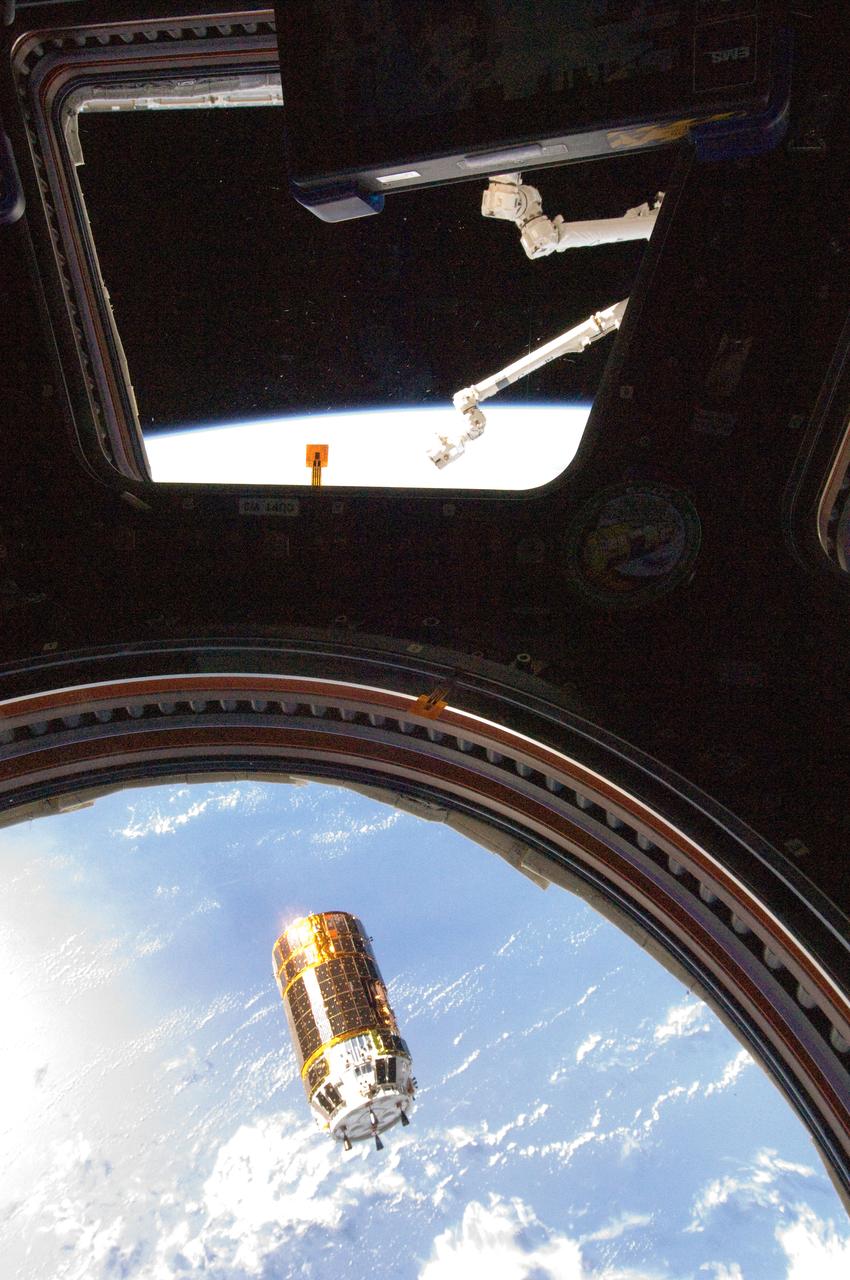 ISS032-E-010425 (27 July 2012) --- The unpiloted Japan Aerospace Exploration Agency (JAXA) H-II Transfer Vehicle (HTV-3) is photographed from a window in the Cupola by an Expedition 32 crew member as it approaches the International Space Station. The Japan Aerospace Exploration Agency launched HTV-3 aboard an H-IIB launch vehicle from the Tanegashima Space Center in southern Japan at 10:06 p.m. EDT July 20 (11:06 a.m. July 21, Japan time). The HTV is bringing 7,000 pounds of cargo including food and clothing for the crew members, an aquatic habitat experiment, a remote-controlled Earth-observation camera for environmental studies, a catalytic reactor for the station’s water regeneration system and a Japanese cooling water recirculation pump. The vehicle will remain at the space station until Sept. 6 when, like its predecessors, it will be detached from the Harmony node by Canadarm2 and released for a fiery re-entry over the Pacific Ocean.