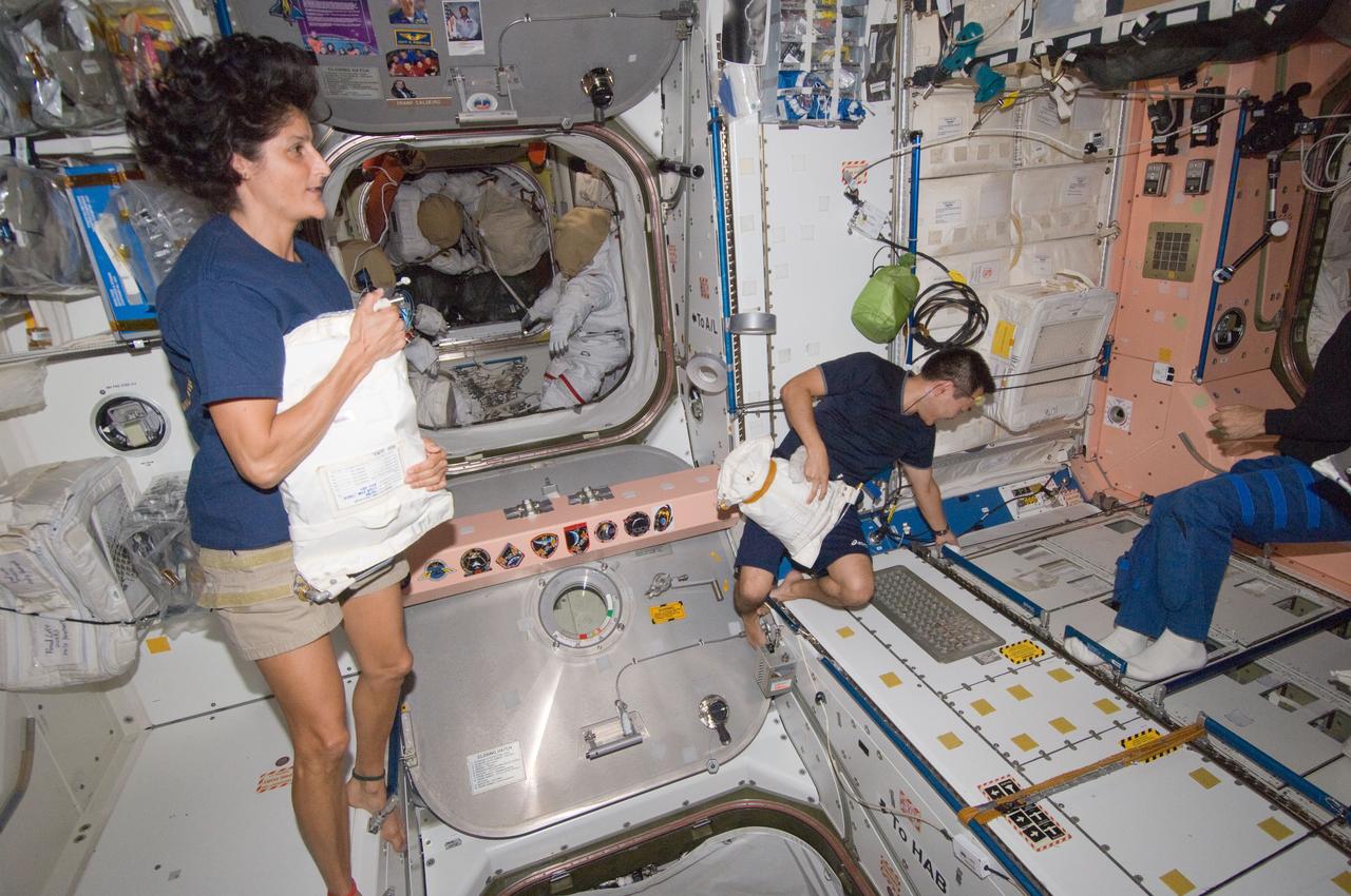 ISS032-E-011054 (31 July 2012) --- NASA astronaut Sunita Williams and Japan Aerospace Exploration Agency astronaut Aki Hoshide, both Expedition 32 flight engineers, work in the Unity node of the International Space Station.