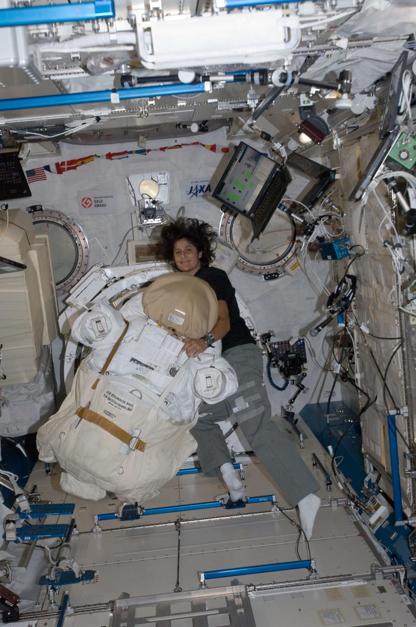 ISS032-E-016864 (7 Aug. 2012) --- NASA astronaut Sunita Williams, Expedition 32 flight engineer, works with an Extravehicular Mobility Unit (EMU) spacesuit in the Kibo laboratory of the International Space Station.