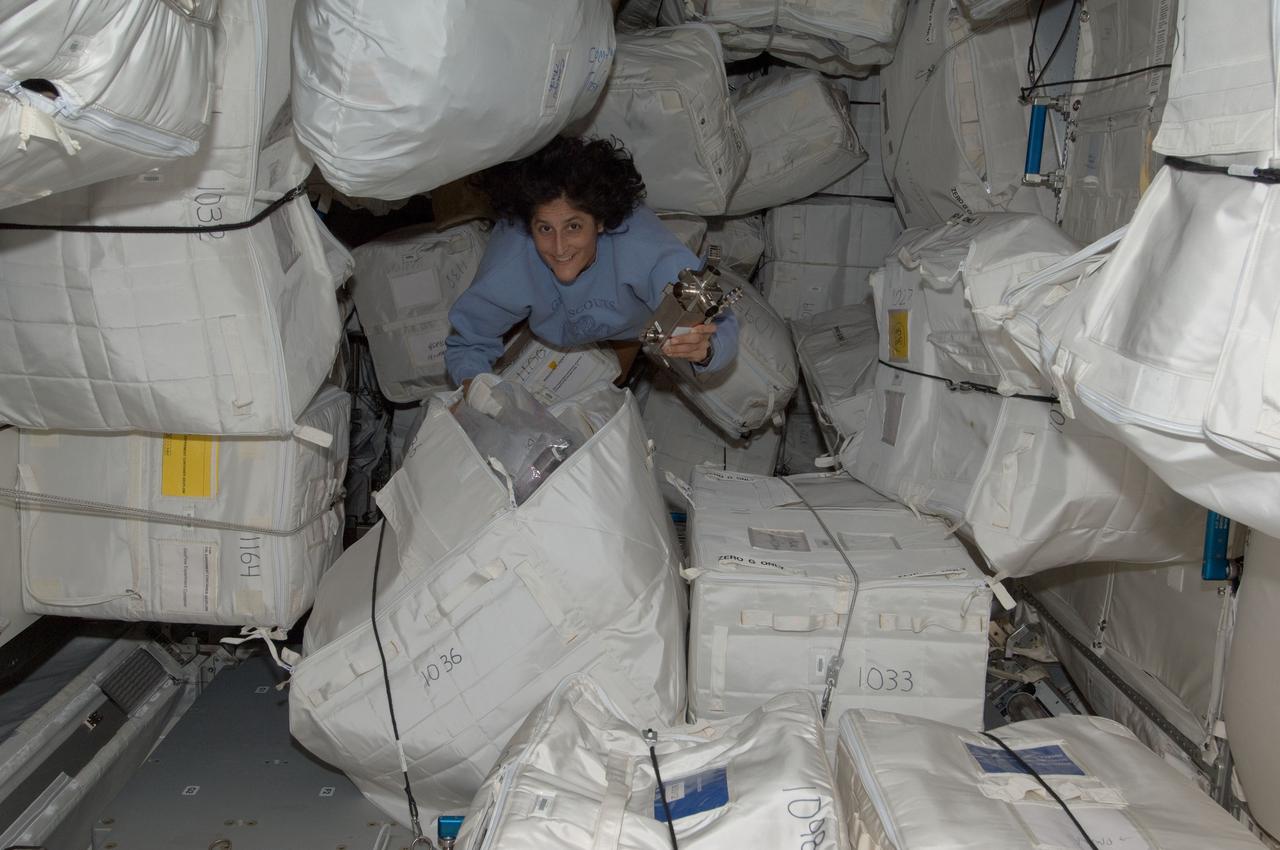 ISS032-E-018888 (14 Aug. 2012) --- NASA astronaut Sunita Williams, Expedition 32 flight engineer, removes a piece of hardware from a stowage container in the Permanent Multipurpose Module (PMM) of the International Space Station.