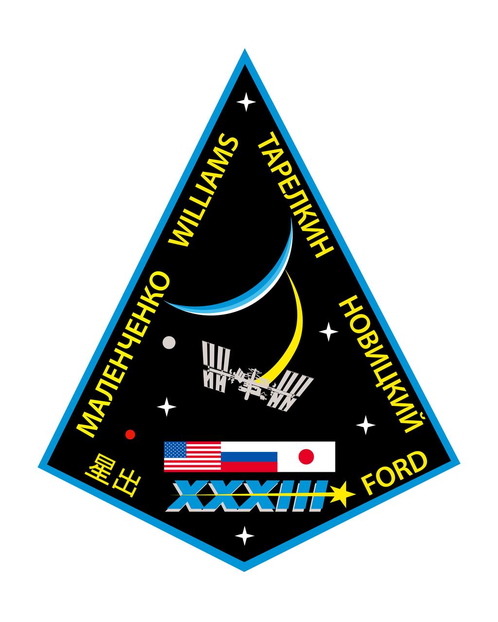 ISS033-S-001 (Dec. 2011) ---The Expedition 33 patch depicts the International Space Station (ISS) orbiting around the Earth, and into the future. The national flags of Japan, Russia, and the United States of America represent the crew of Expedition 33, which consists of six astronauts and cosmonauts from Japan, Russia and the United States.  The five white stars represent the partners participating in the ISS Program - Canada, European countries, Japan, Russia and the United States. Expedition 33 will continue the work of the previous thirty-two expedition crews on board the multi-national laboratory in areas such as biology and biotechnology, earth and space science, educational activities, human research, physical and material sciences, and technology development and demonstration. The NASA insignia design for shuttle and space station flights is reserved for use by the astronauts and for other official use as the NASA Administrator may authorize. Public availability has been approved only in the form of illustrations by the various news media. When and if there is any change in this policy, which is not anticipated, it will be publicly announced. Photo credit: NASA