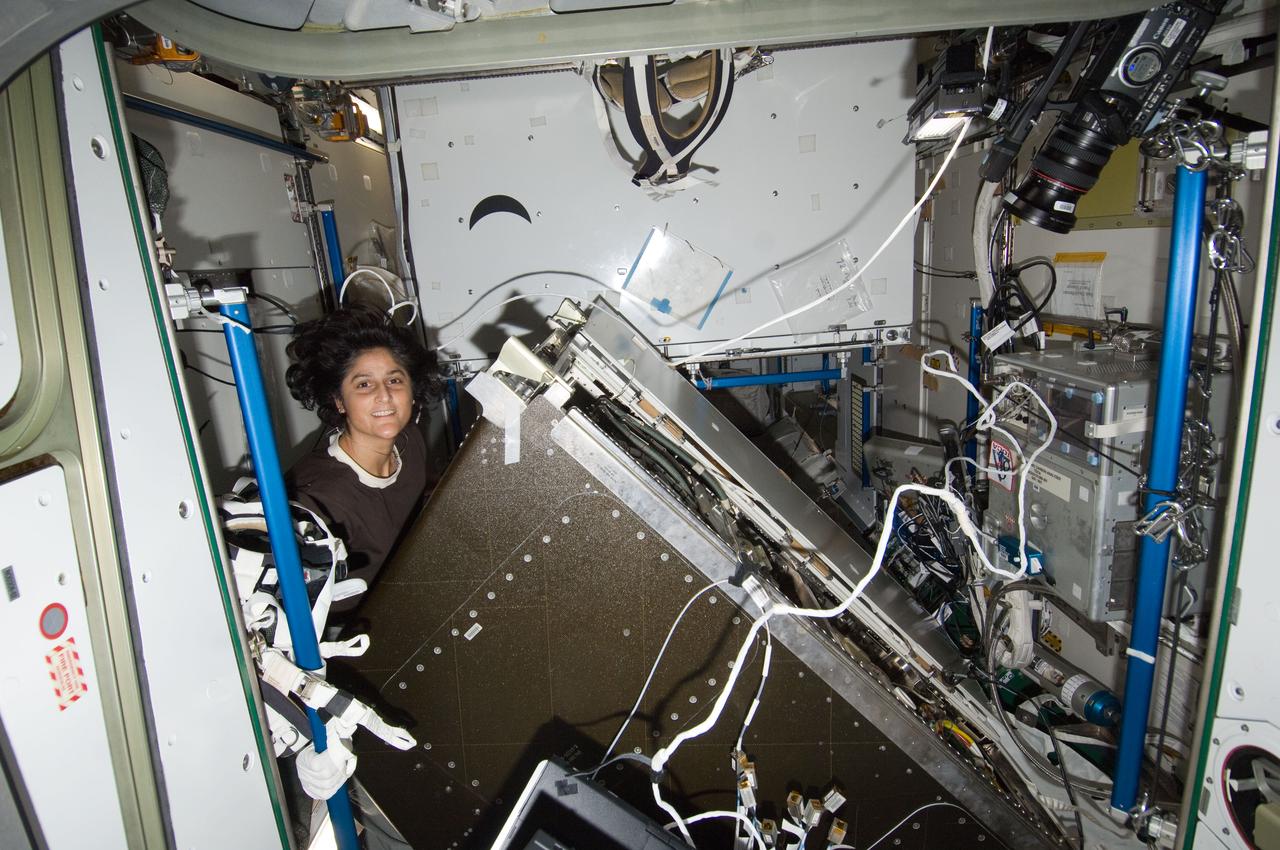 ISS033-E-009199 (3 Oct. 2012) --- NASA astronaut Sunita Williams, Expedition 33 commander, conducts the continuing preventive inspection and cleaning of accessible Atmosphere Revitalization (AR) system bacteria filters in the Tranquility node of the International Space Station.