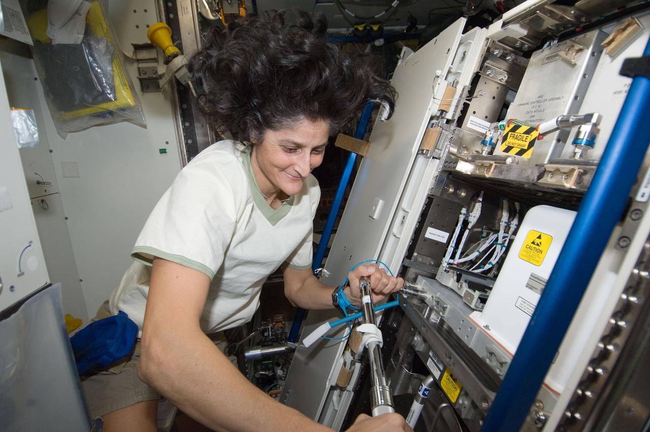 ISS033-E-011647 (14 Oct. 2012) --- NASA astronaut Sunita Williams, Expedition 33 commander, uses a tool while working on a rack in the Tranquility node of the International Space Station.
