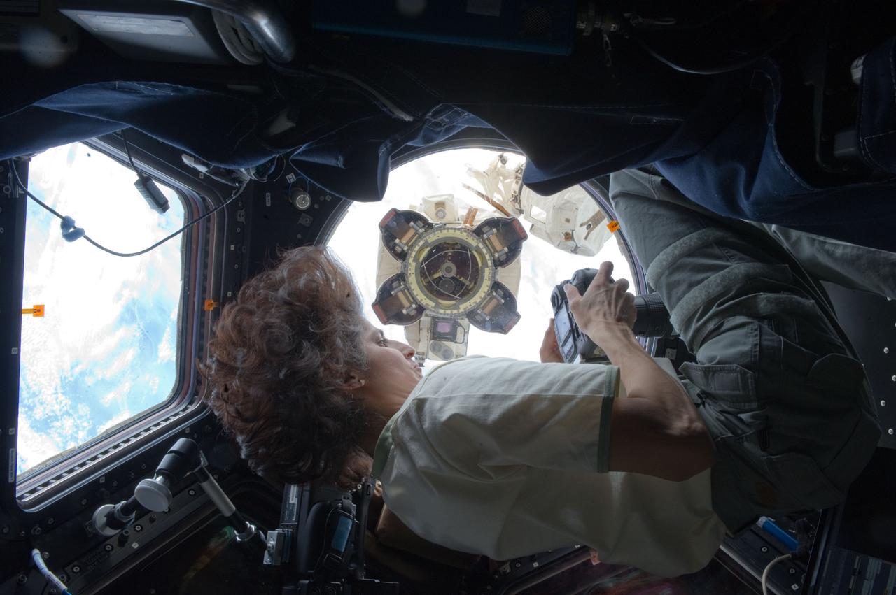 ISS033-E-012341 (16 Oct. 2012) --- NASA astronaut Sunita Williams, Expedition 33 commander, uses a still camera to photograph the Canadarm2 robotic arm?s Latching End Effector (LEE) from a window in the Cupola of the International Space Station.