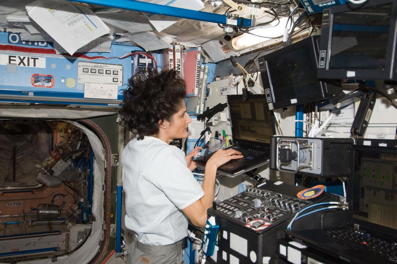 ISS033-E-016093 (24 Oct. 2012) --- NASA astronaut Sunita Williams, Expedition 33 commander, uses a computer in the Destiny laboratory of the International Space Station.
