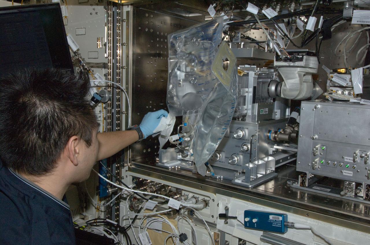 ISS033-E-016607 (24 Oct. 2012) --- In the International Space Station’s Kibo laboratory, Japan Aerospace Exploration Agency astronaut Aki Hoshide, Expedition 33 flight engineer, works on the Multipurpose Small Payload Rack (MSPR) in preparation for the arrival of the JAXA Medaka Osteoclast (MOST) payload which will arrive on the Soyuz TMA-06M spacecraft on Oct. 25.