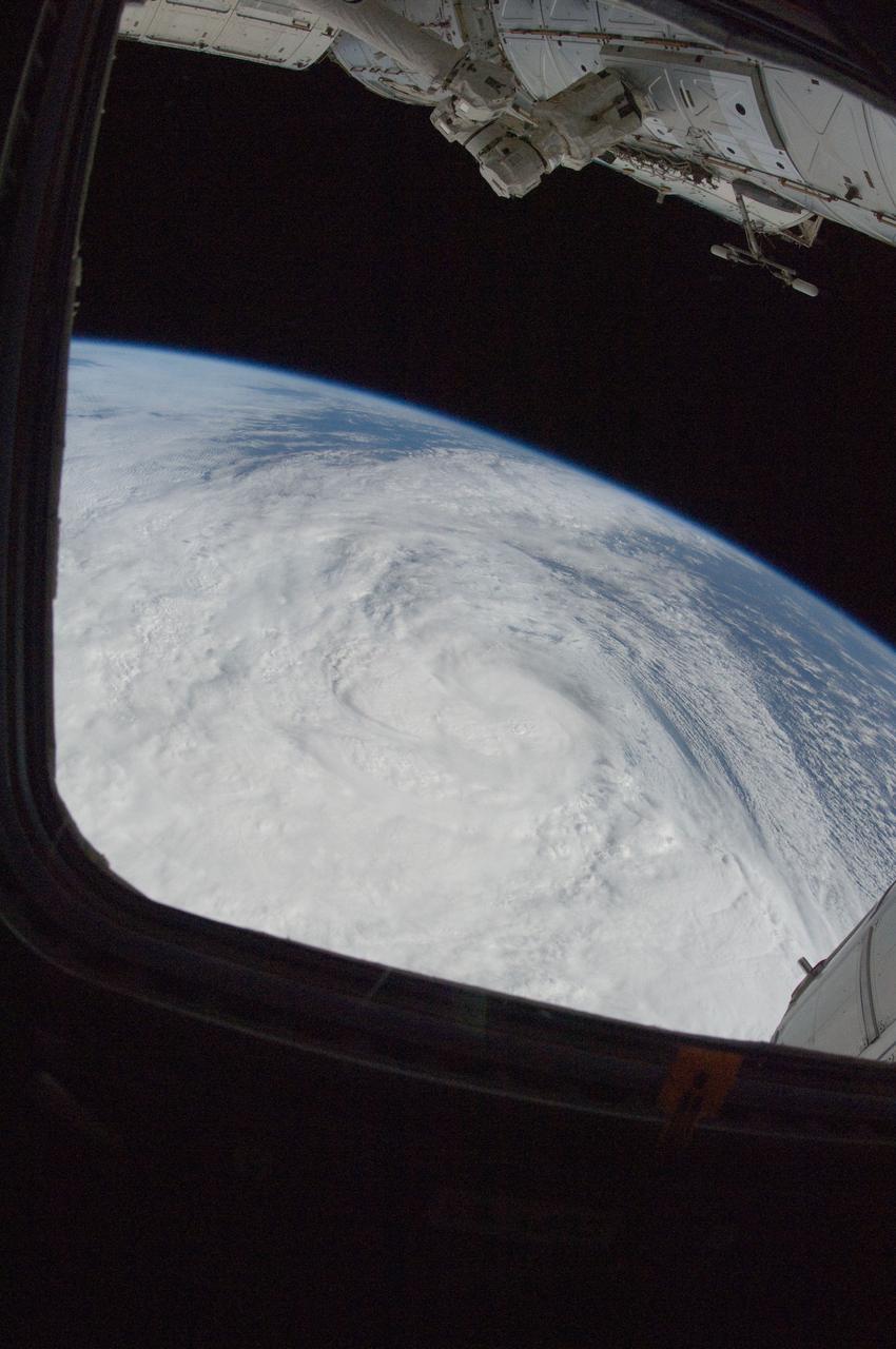 ISS033-E-016695 (29 Oct. 2012) --- One of the Expedition 33 crew members aboard the International Space Station took this photo of Hurricane Sandy at 16:55:32 GMT on Oct. 29, 2012. East is generally at the top of the photo, south to the right. At the camera time of the photo Sandy was located by the National Hurricane Center at approximately 37.5 degrees north latitude and 71.5 degrees west longitude or 25 miles southeast of Atlantic City, New Jersey moving north-northwest at 18 miles per hour and packing winds of 90 miles per hour.