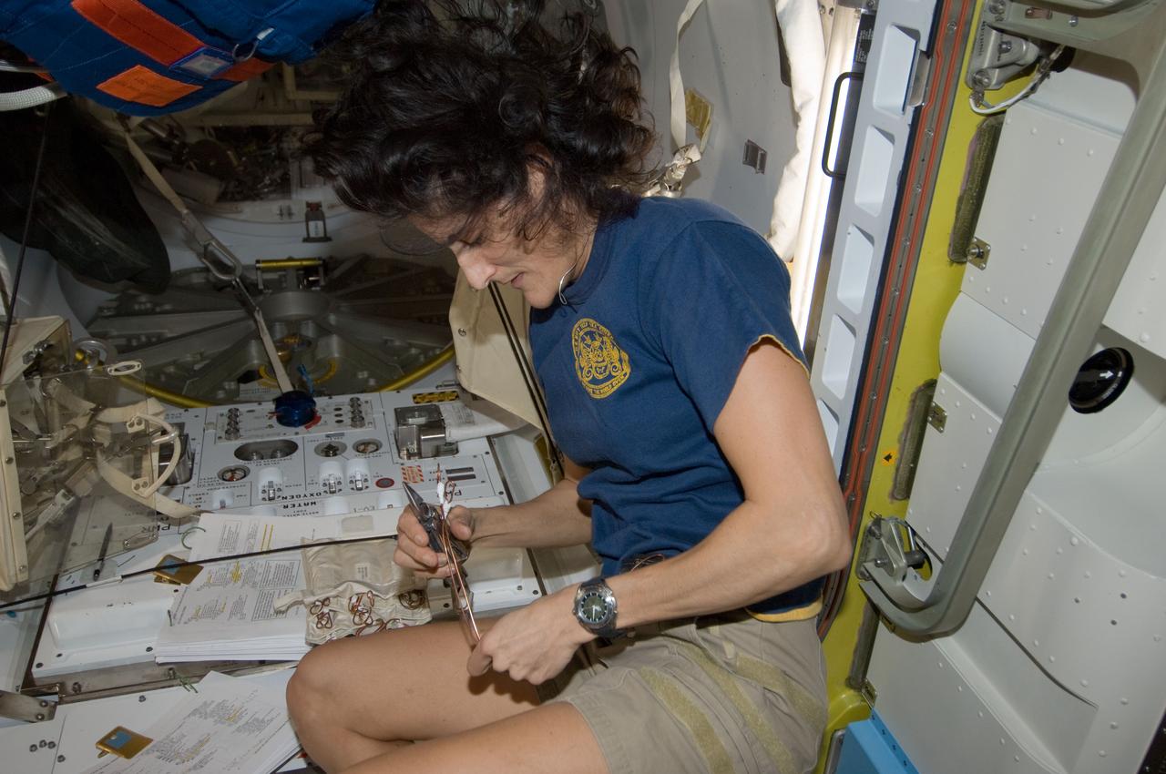 ISS033-E-018364 (30 Oct. 2012) --- NASA astronaut Sunita Williams, Expedition 33 commander, works in the Quest airlock of the International Space Station.