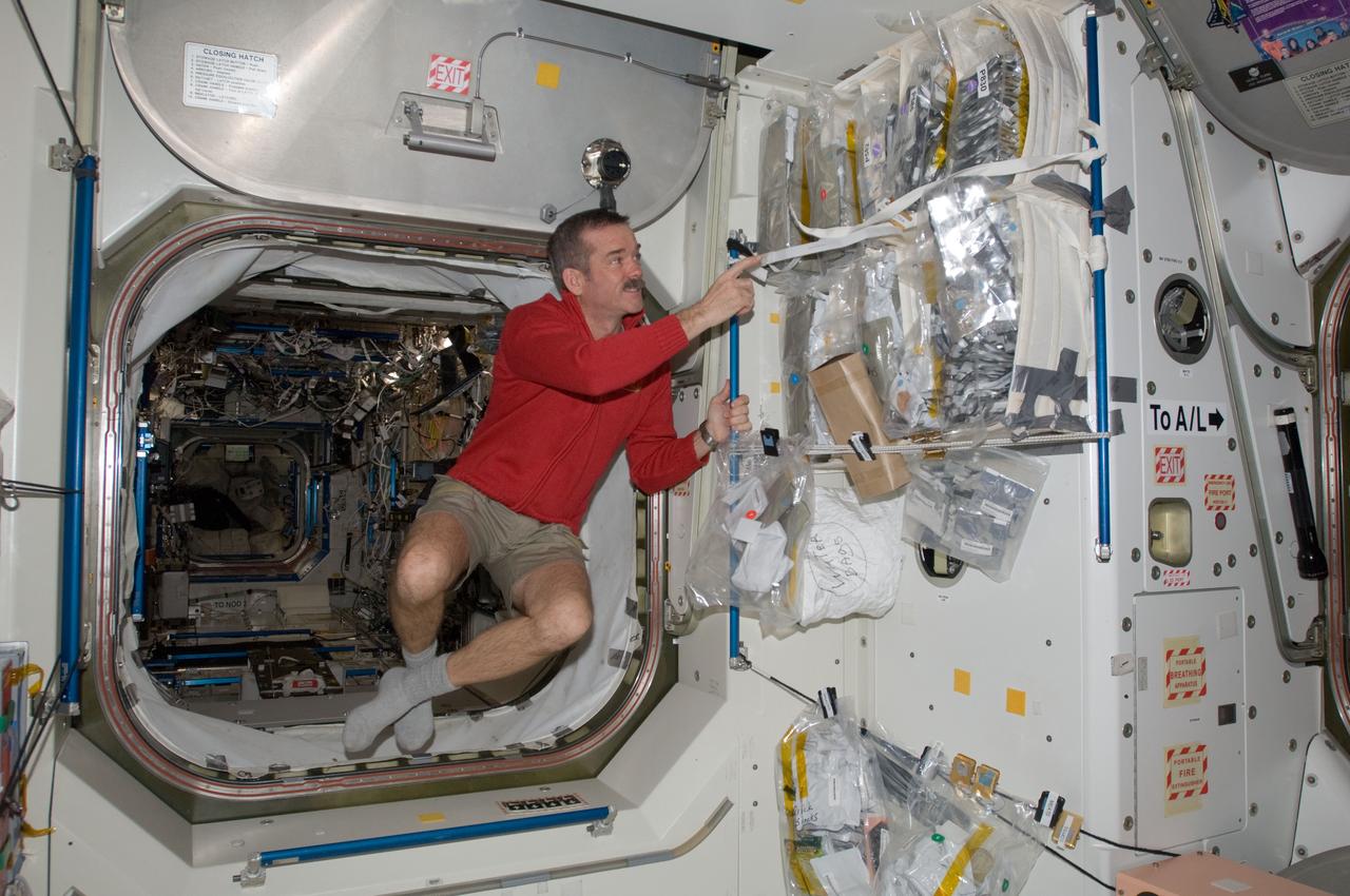 View of Chris Hadfield,Expedition 34 Flight Engineer (FE), points to stowed food packets,in the Node 1.  Photo was taken during Expedition 34.