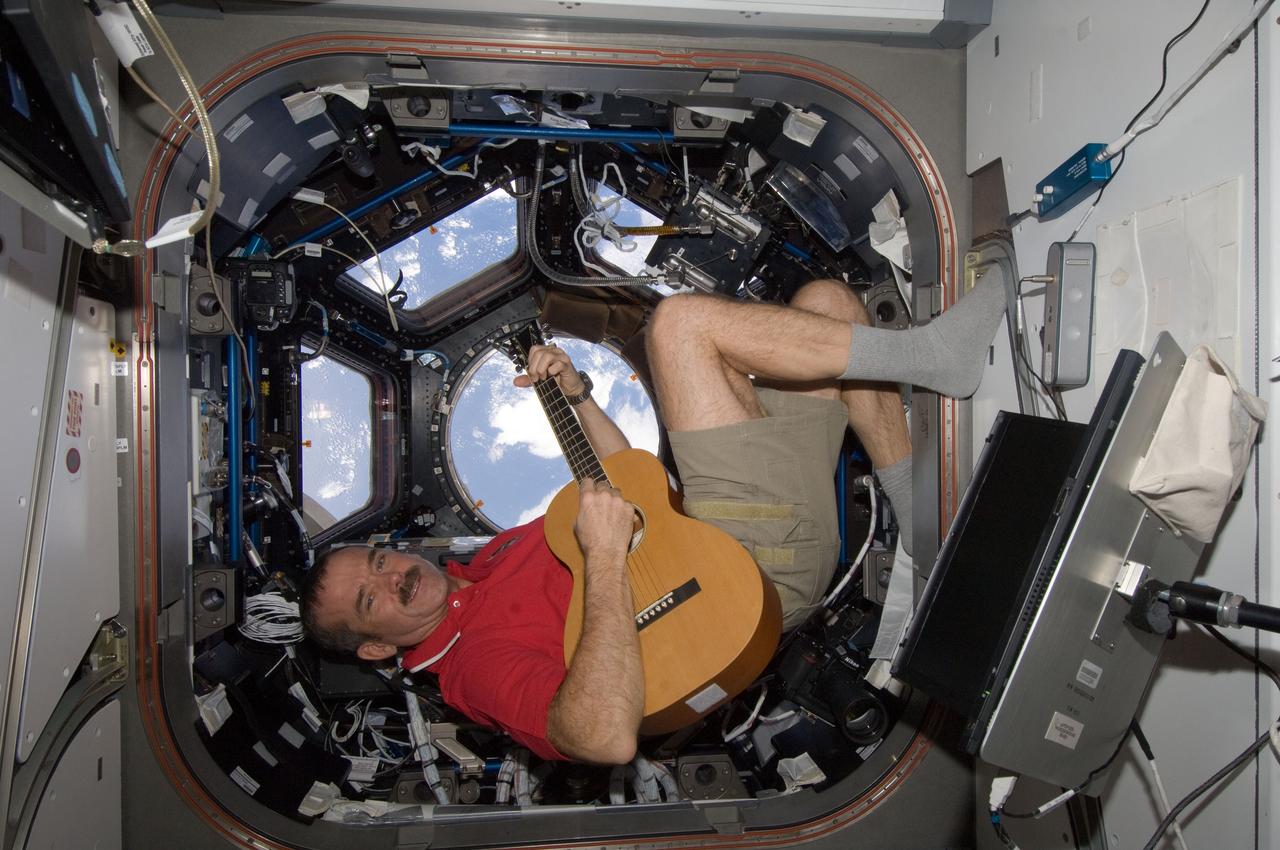 View of Canadian Space Agency (CSA) Chris Hadfield, Expedition 34 Flight Engineer (FE), playing guitar in the Cupola Module. Photo was taken during Expedition 34.