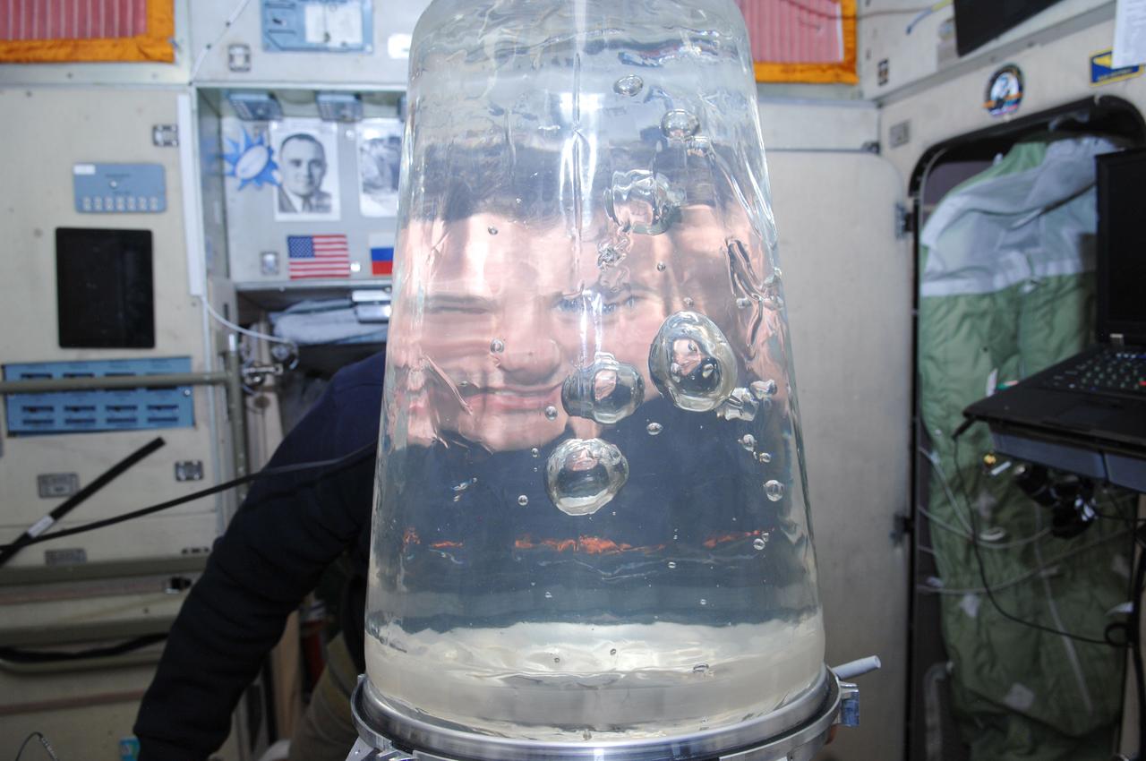 ISS034-E-010446 (31 Dec. 2012) --- Russian cosmonaut Roman Romanenko, Expedition 34 flight engineer, looks through a Rodnik tank in the Zvezda Service Module of the International Space Station. Romanenko performed a water transfer from a Rodnik tank in the Progress to a Rodnik tank in the Zvezda Service Module. Note the multiple refractions of the cosmonaut?s head and shoulders in the bubbles.