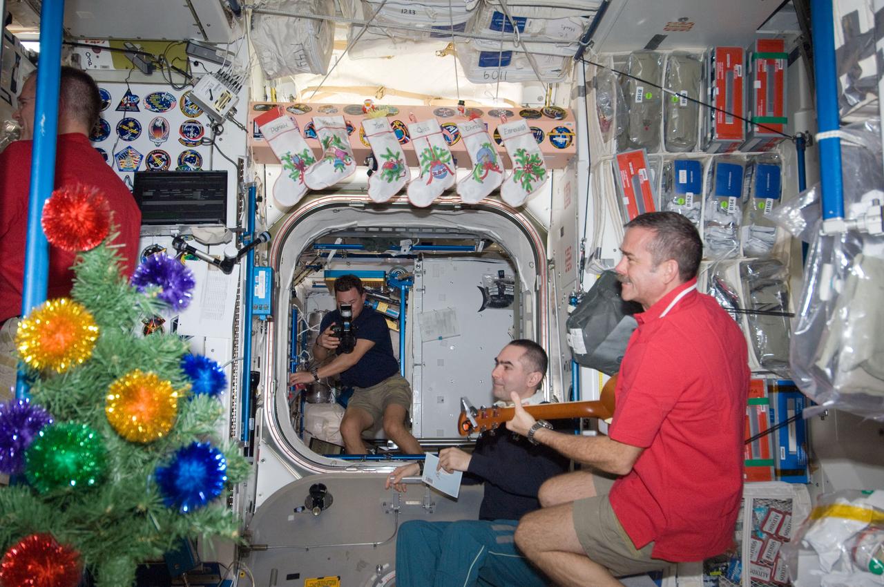 ISS034-E-010504 (24 Dec. 2012) --- Expedition 34 crew members assemble in the Unity node of the International Space Station for a brief celebration of the Christmas holiday. Pictured are NASA astronaut Kevin Ford (partially obscured at left), commander; Canadian Space Agency astronaut Chris Hadfield (with guitar at right), Russian cosmonauts Roman Romanenko (with camera) and Evgeny Tarelkin, all flight engineers.