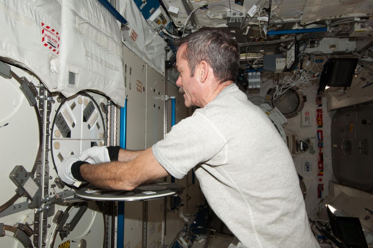 ISS034-E-023771 (7 Jan. 2013) --- Canadian Space Agency astronaut Chris Hadfield, Expedition 34 flight engineer, prepares to insert biological samples in the Minus Eighty Laboratory Freezer for ISS (MELFI-1) in the Kibo laboratory of the International Space Station.