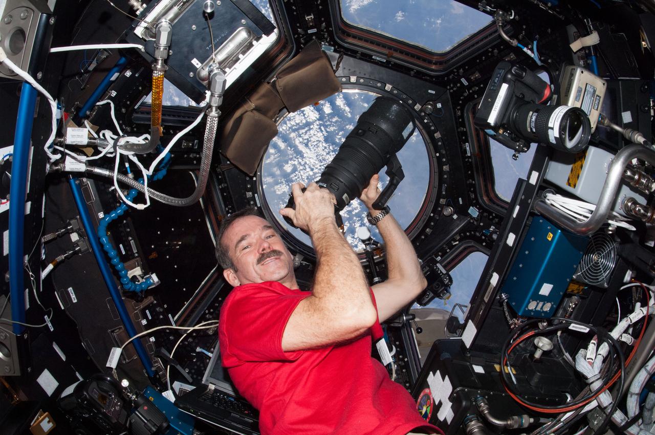 View of Canadian Space Agency (CSA) Chris Hadfield,Expedition 34 Flight Engineer (FE),using still camera,in the Cupola Module. Photo was taken during Expedition 34.