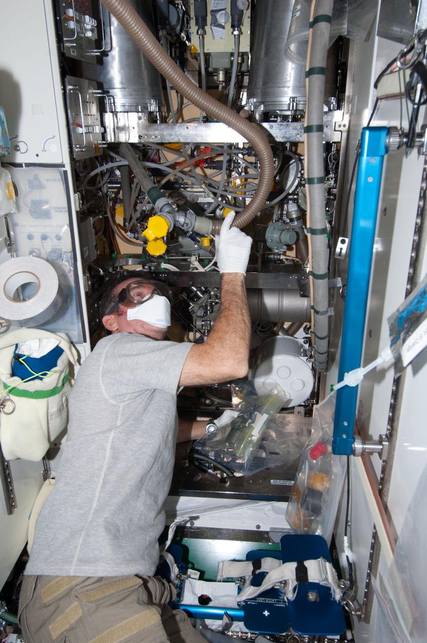 View of Canadian Space Agency (CSA) Chris Hadfield,Expedition 34 Flight Engineer (FE),performing Waste and Hygiene Compartment (WHC) overhaul,in the Node 3. Photo was taken during Expedition 34.