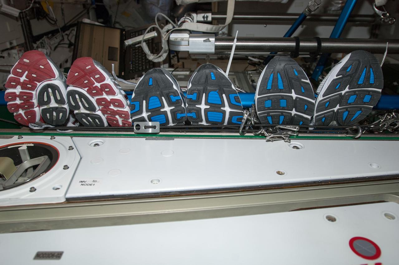 View of stowed tennis shoes,in the Node 3. Photo was taken during Expedition 34.