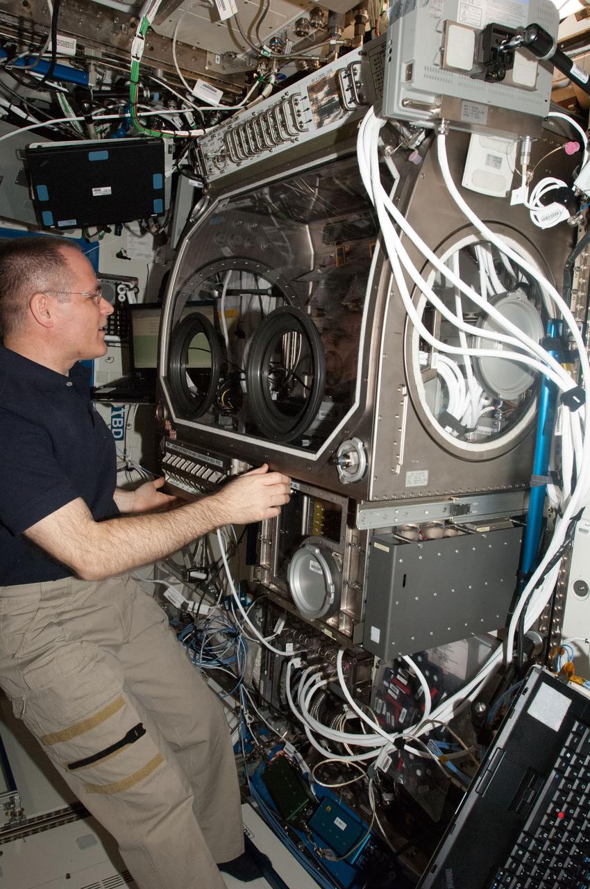 ISS034-E-036867 (29 Jan. 2013) --- NASA astronaut Kevin Ford, Expedition 34 commander, works near the Microgravity Science Glovebox (MSG) in the Destiny laboratory of the International Space Station.
