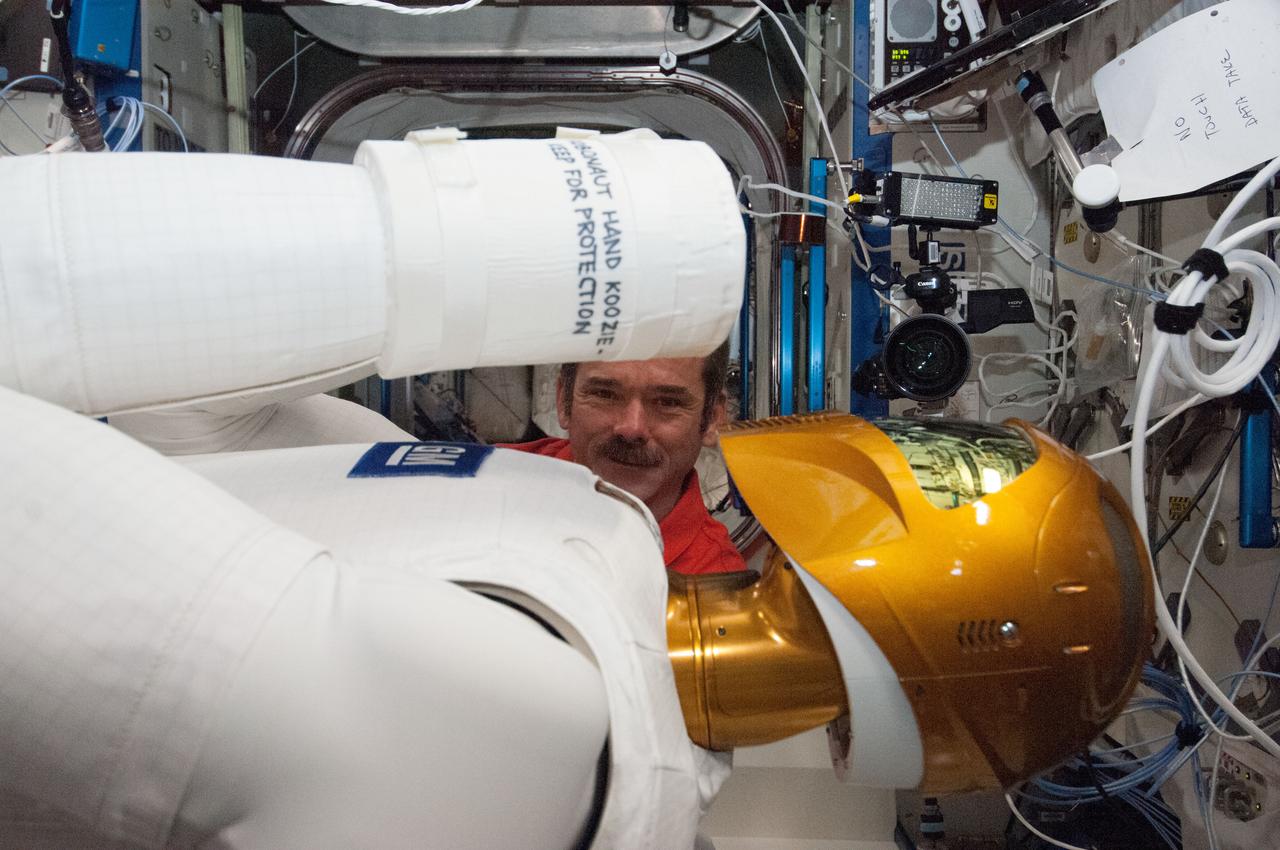 ISS034-E-037345 (31 Jan. 2013) --- Canadian Space Agency astronaut Chris Hadfield, Expedition 34 flight engineer, works with Robonaut 2, the first humanoid robot in space, in the International Space Station’s Destiny laboratory. R2 was powered up so ground controllers could run it through a series of tests and configuration checks.