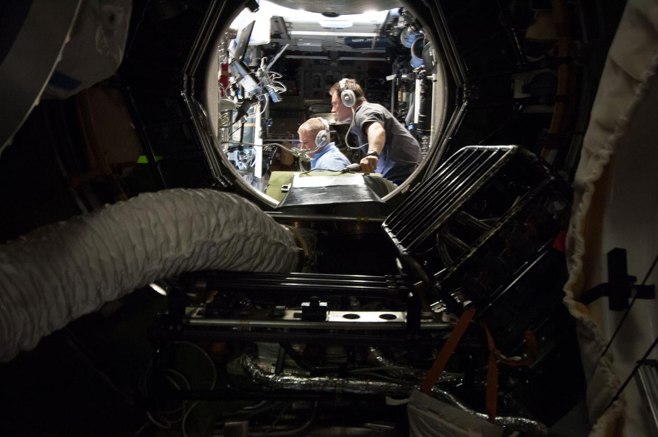 ISS034-E-045751 (11 Feb. 2013) --- Russian cosmonauts Oleg Novitskiy (left) and Roman Romanenko, both Expedition 34 flight engineers, monitor data at the manual TORU docking system controls in the Zvezda Service Module of the International Space Station during approach and docking operations of the unpiloted ISS Progress 50 resupply vehicle. Progress 50 docked with the station’s Pirs docking compartment at 3:35 p.m. (EST), delivering 1,764 pounds of propellant, 110 pounds of oxygen and air, 926 pounds of water and 3,000 pounds of spare parts, experiment hardware and logistics equipment --- 2.9 tons of supplies in all. The space freighter launched from the Baikonur Cosmodrome in Kazakhstan at 9:41 a.m. (8:41 p.m. Kazakhstan time) on an accelerated, four-orbit journey to rendezvous with the station.