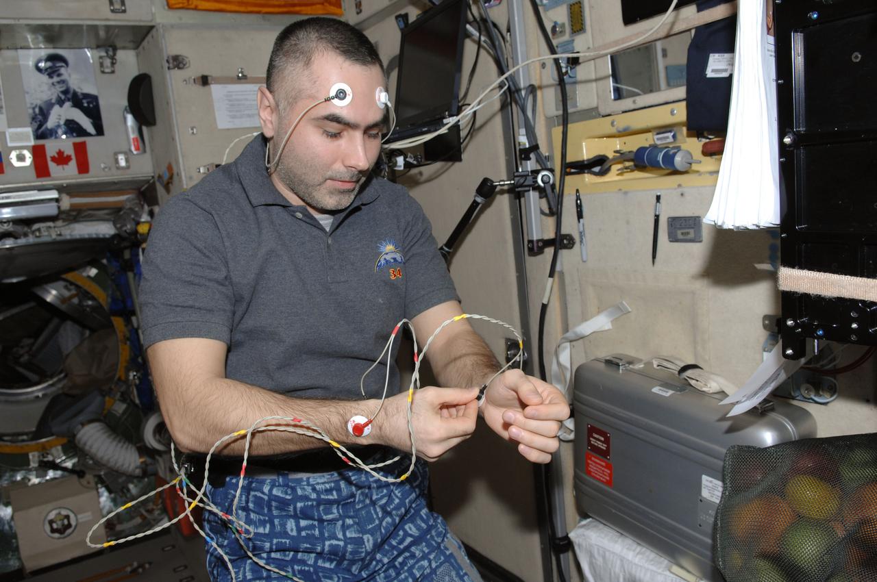 iss034e045766 (2/13/2013) --- Cosmonaut Evgeny Tarelkin, Expedition 34 Flight Engineer (FE), conducting SPRUT-2 Experiment, in the Service Module (SM) aboard the International Space Station (ISS). The Study of Changes in Body Composition and Distribution of Fluids Within the Human Body During Long-term Spaceflight (Sprut-2) studies the change in body composition and fluid distribution in the human body during long-term spaceflight in order to evaluate adaptation mechanisms and improve countermeasures.