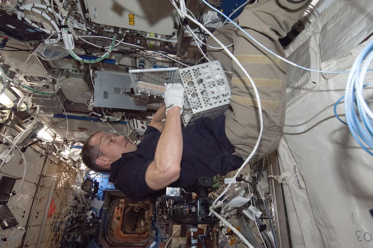 ISS034-E-067256 (12 March 2013) --- Expedition 34 Flight Engineer Tom Marshburn of NASA works with samples at the Minus Eighty-Degree Laboratory Freezer for the International Space Station (MELFI) in the U.S. lab Destiny aboard the International Space Station.