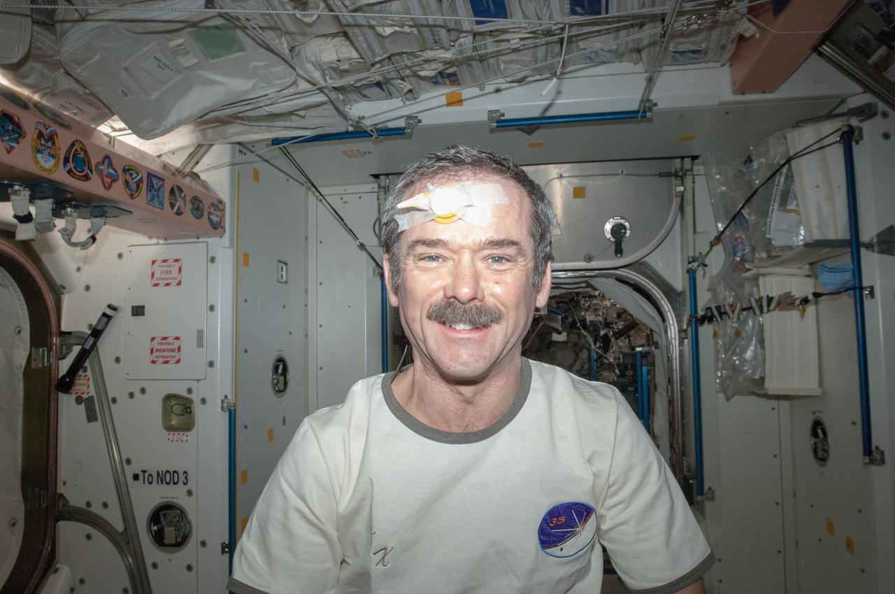 Expedition 35 commander and Canadian Space Agency astronaut Chris Hadfield (with a temperature sensor taped to his forehead) poses for a photo in the Unity Node 1 before getting a haircut.