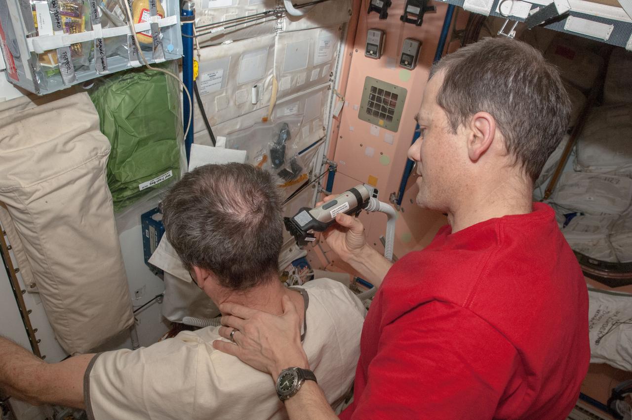 ISS035-E-016639 (7 April 2013) --- Expedition 35 Flight Engineer Tom Marshburn fills the role of barber for Commander Chris Hadfield in the Unity node of the Earth-orbiting International Space Station.